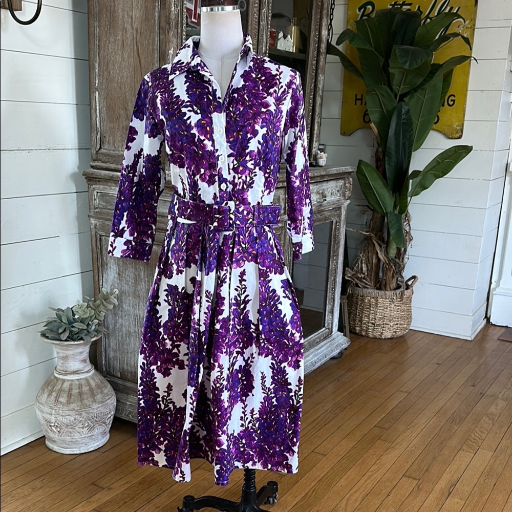 SAMANTHA SUNG PURPLE PRINTED BELTED A LINECOLLAR  DRESS 8 EXCDELELNT POCKETS